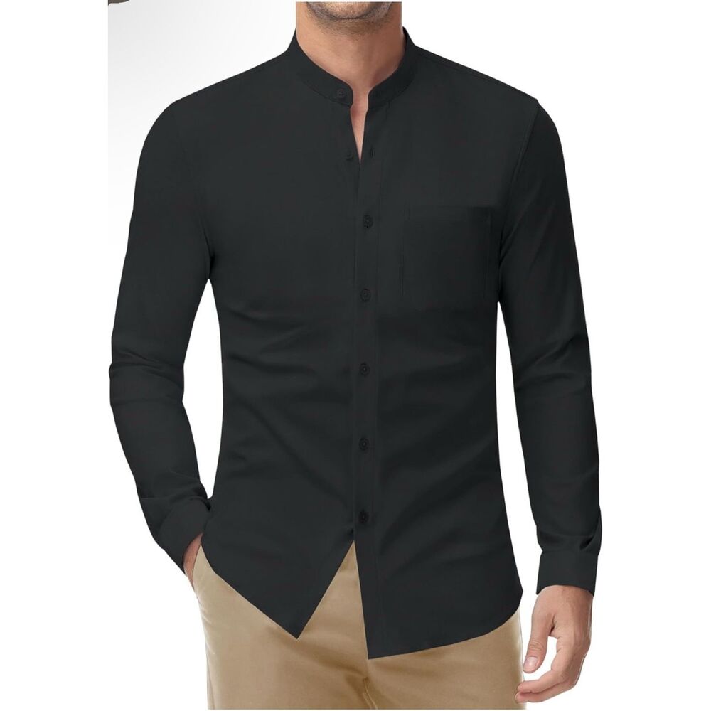 NEW~ Mens Band Collar Stretch Dress Button Down Long Sleeve Muscle Fit M